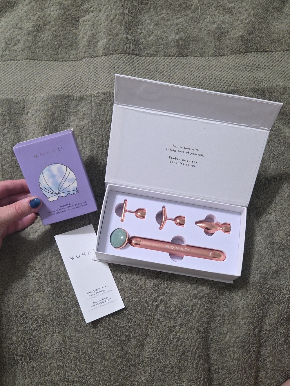 MONAT Rose Gold Facial Massager with Green Jade Roller & shower cap